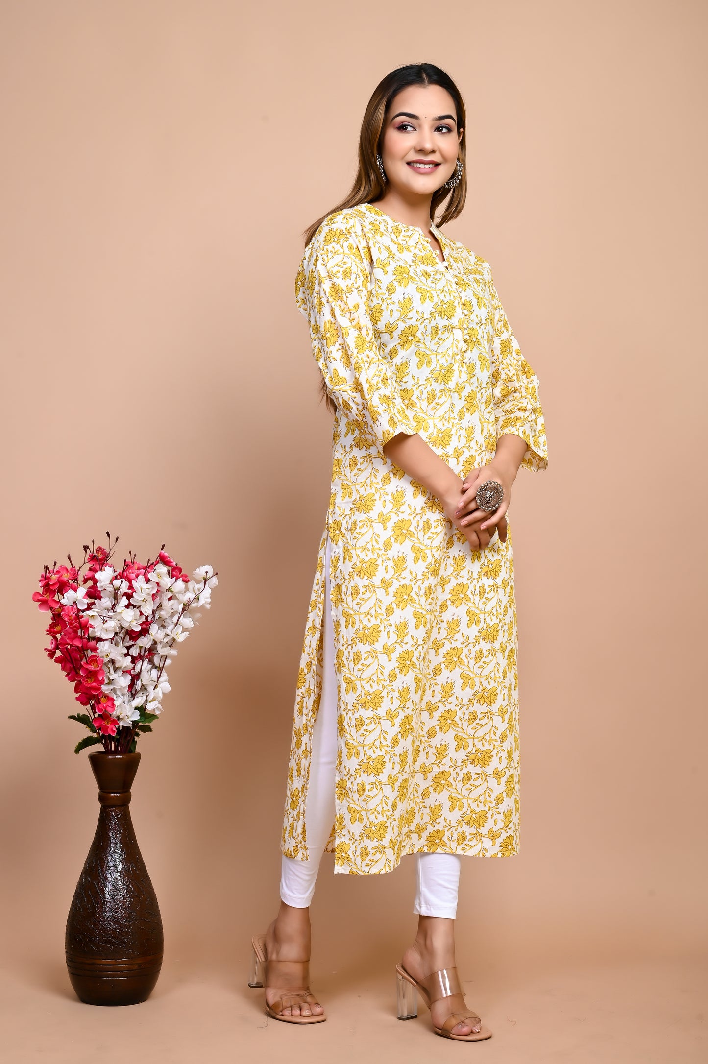 Yellow Floral Beauty Hand Print 100% Cotton Straight Kurti