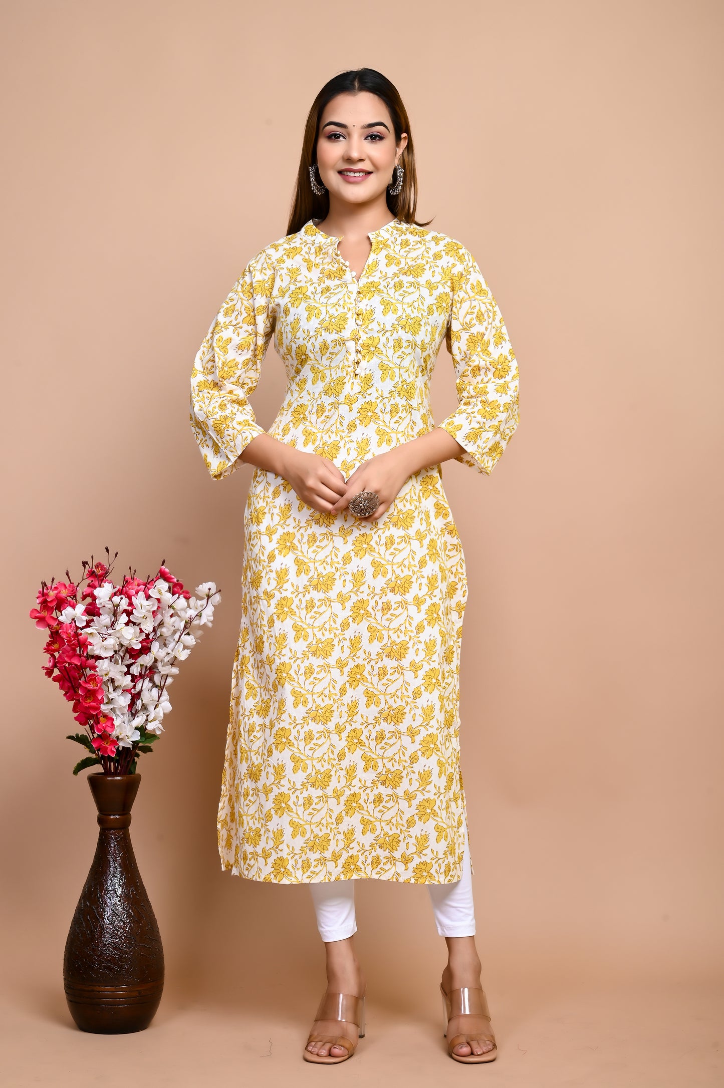 Yellow Floral Beauty Hand Print 100% Cotton Straight Kurti