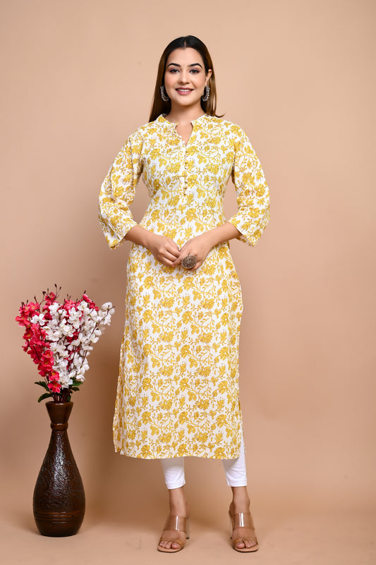 Yellow Floral Beauty Hand Print 100% Cotton Straight Kurti
